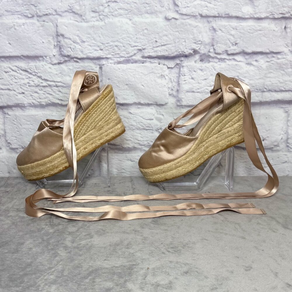 Tory Burch Elisa Satin Rose Gold Ankle Tie Espadrilles - Picture 2 of 7